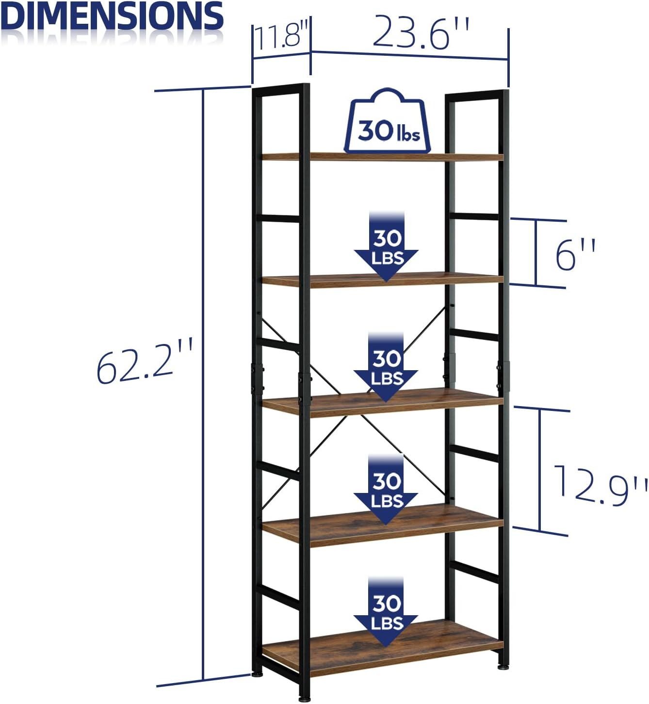 5-Tier Industrial Bookcase – Tall Metal Frame & Wood Shelves — image 3