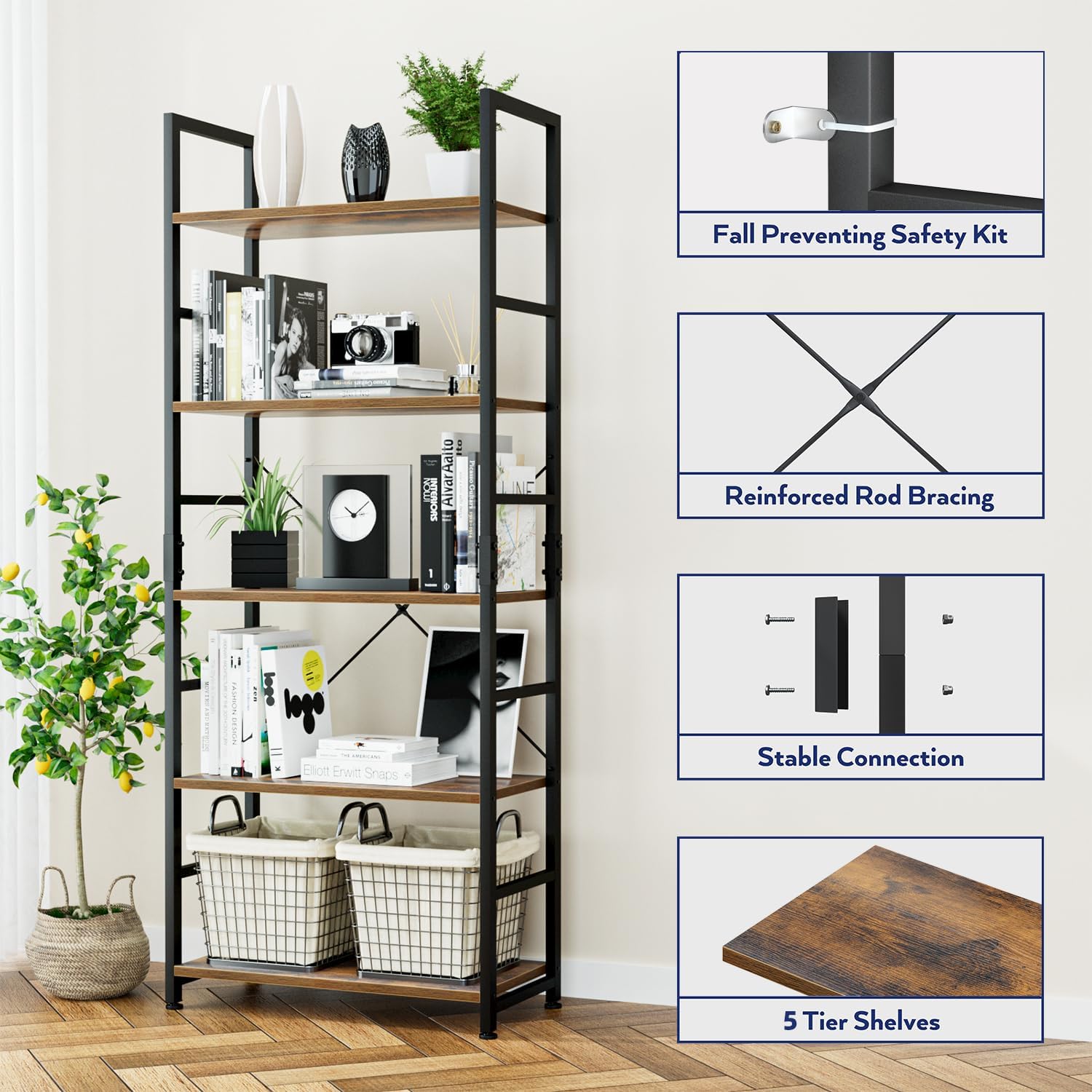 5-Tier Industrial Bookcase – Tall Metal Frame & Wood Shelves — image 5
