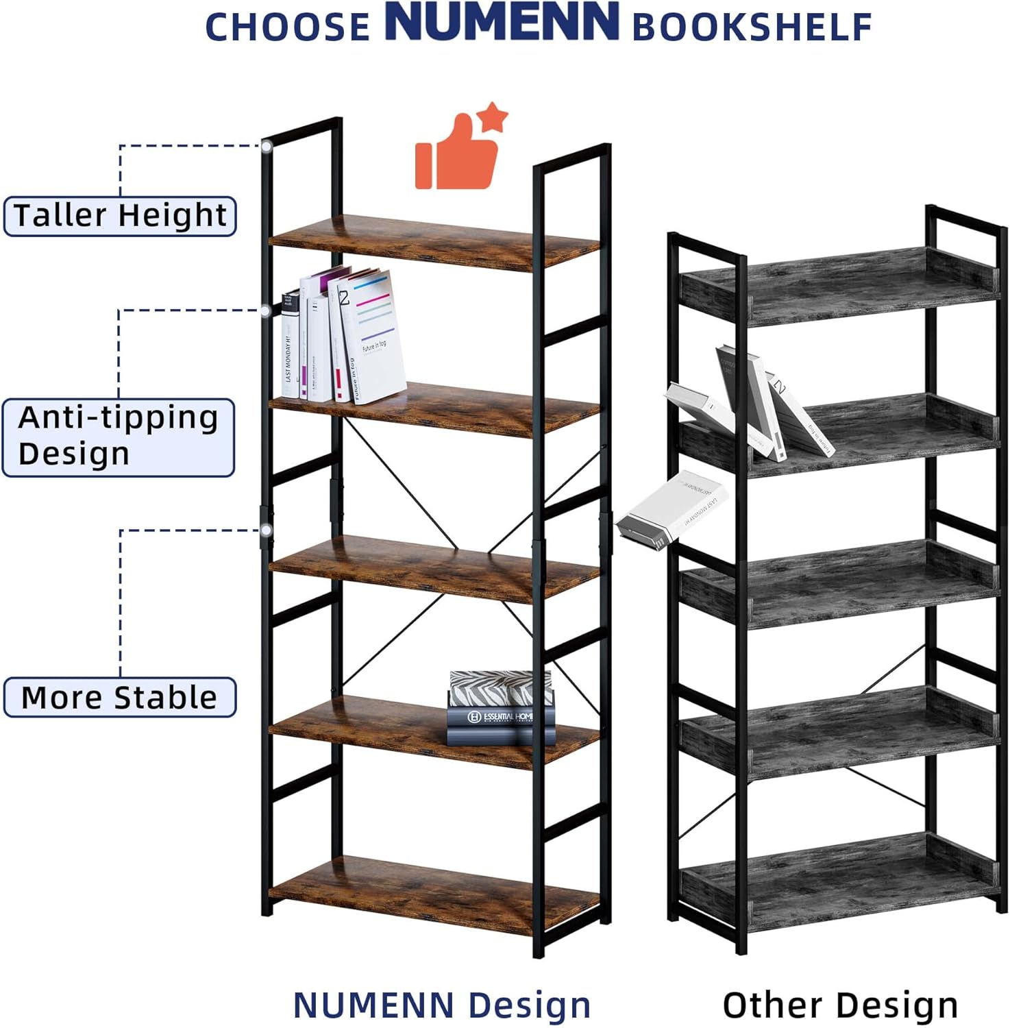 5-Tier Industrial Bookcase – Tall Metal Frame & Wood Shelves — image 7