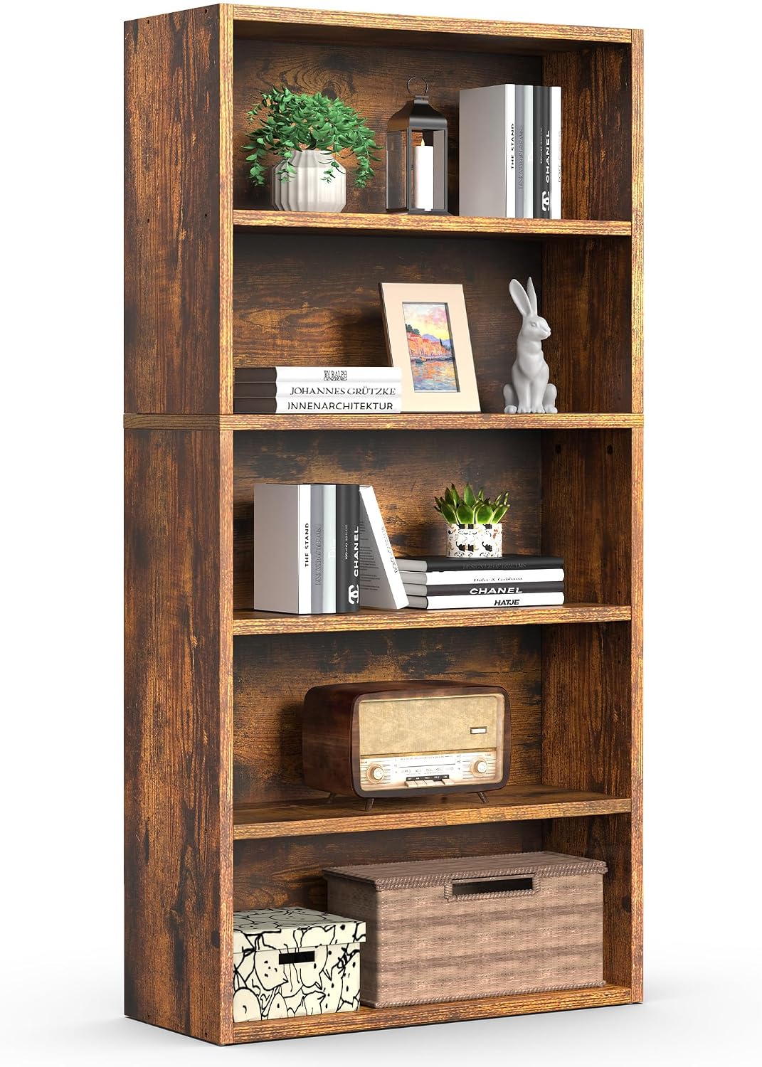 Black Wood Grain Bookcase — Modern 5-Tier Open Shelf — image 11