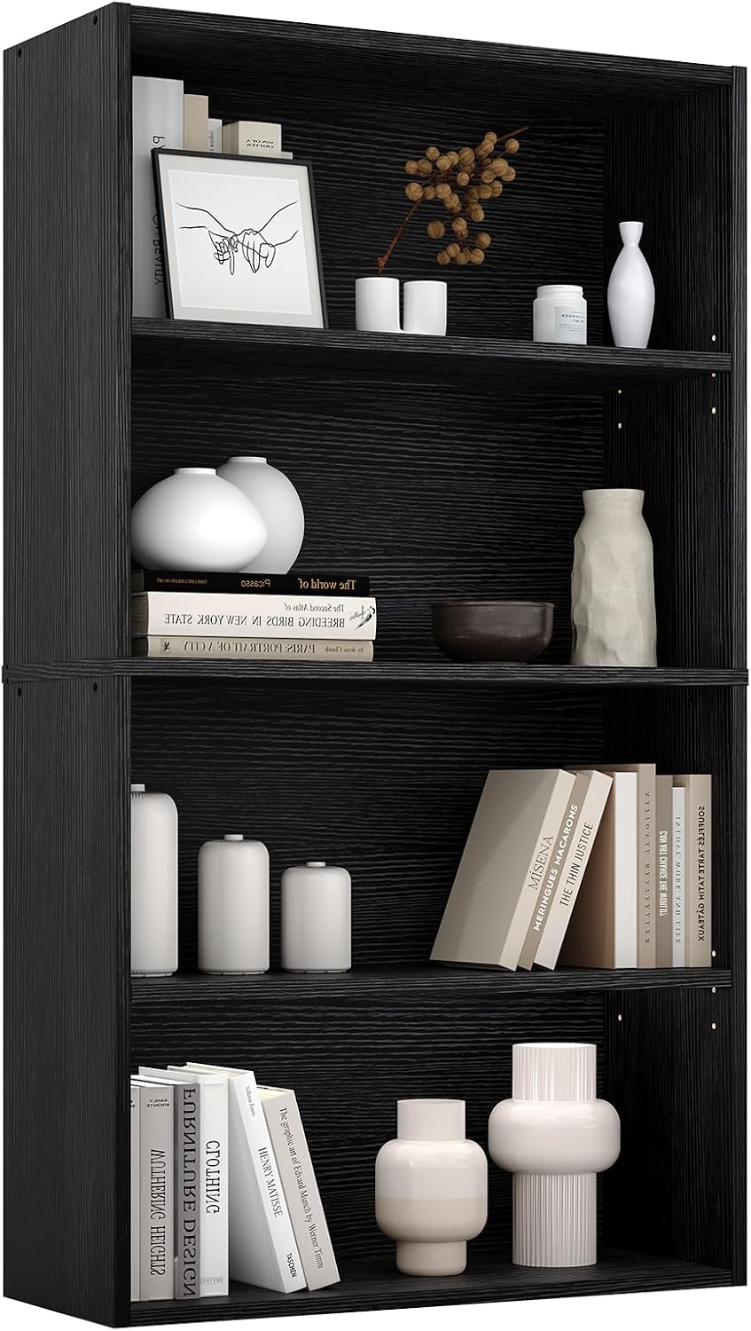 Black Wood Grain Bookcase — Modern 5-Tier Open Shelf — image 8