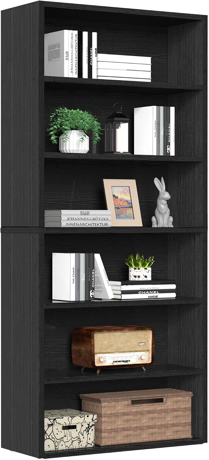 Black Wood Grain Bookcase — Modern 5-Tier Open Shelf — image 16