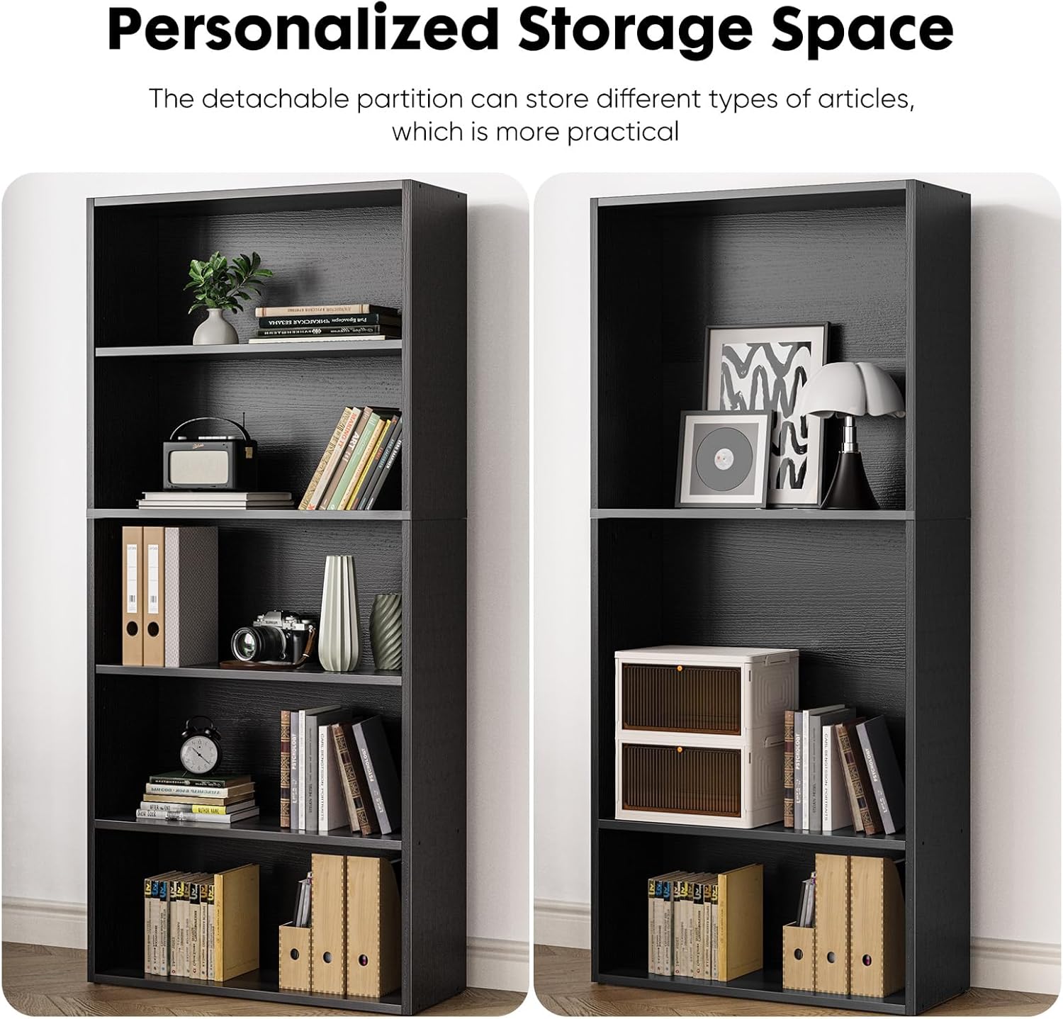 Black Wood Grain Bookcase — Modern 5-Tier Open Shelf — image 5