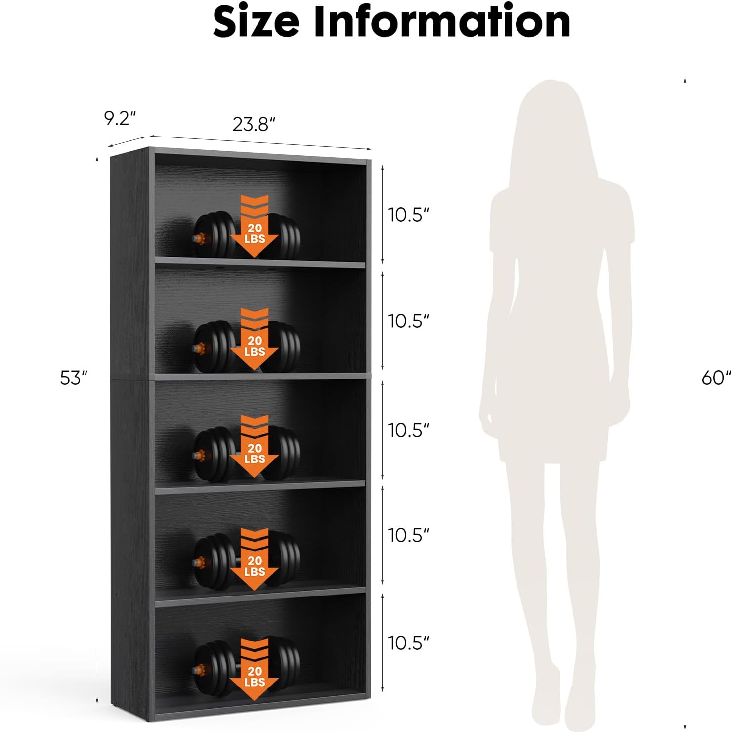 Black Wood Grain Bookcase — Modern 5-Tier Open Shelf — image 3