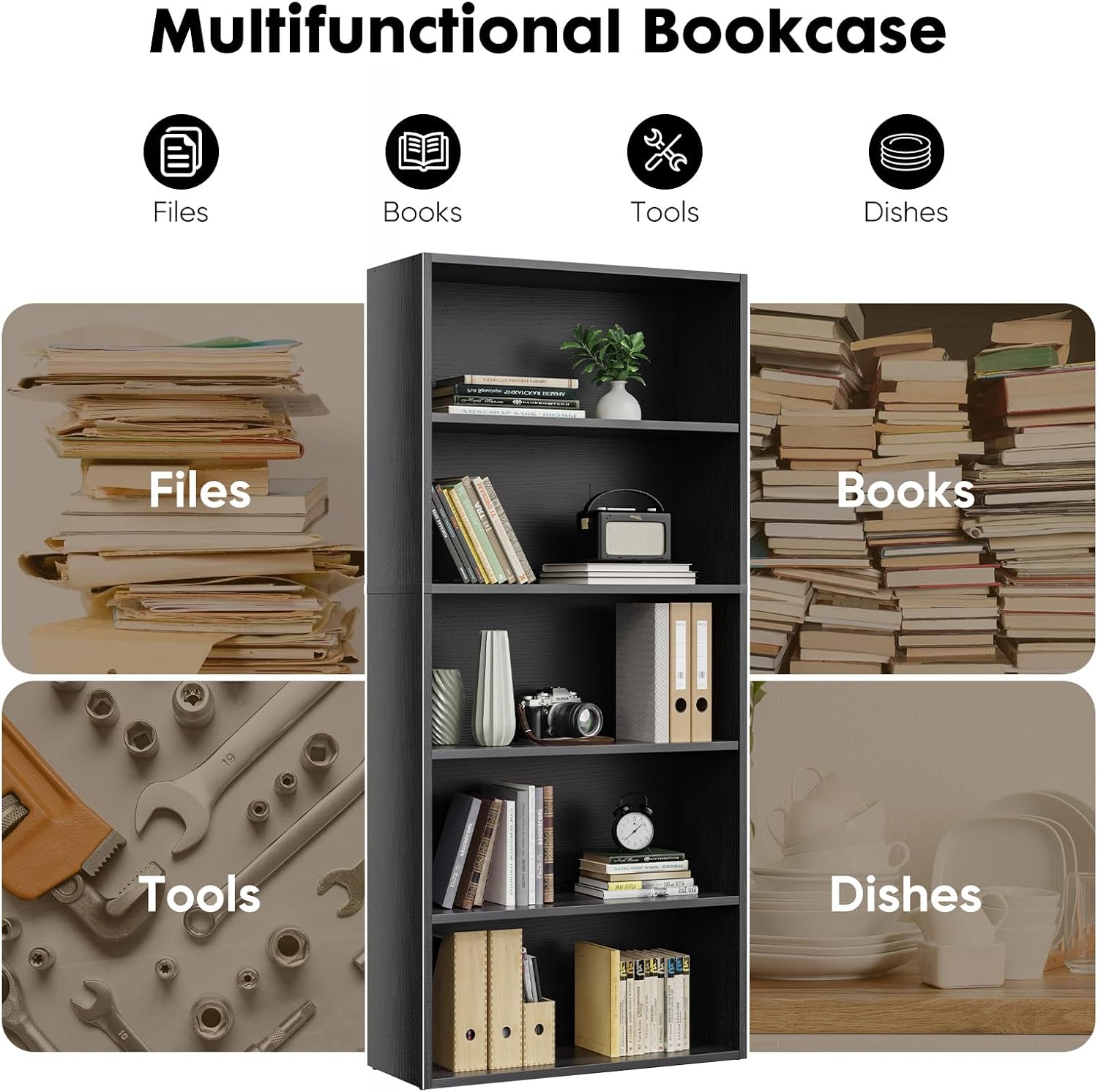 Black Wood Grain Bookcase — Modern 5-Tier Open Shelf — image 7