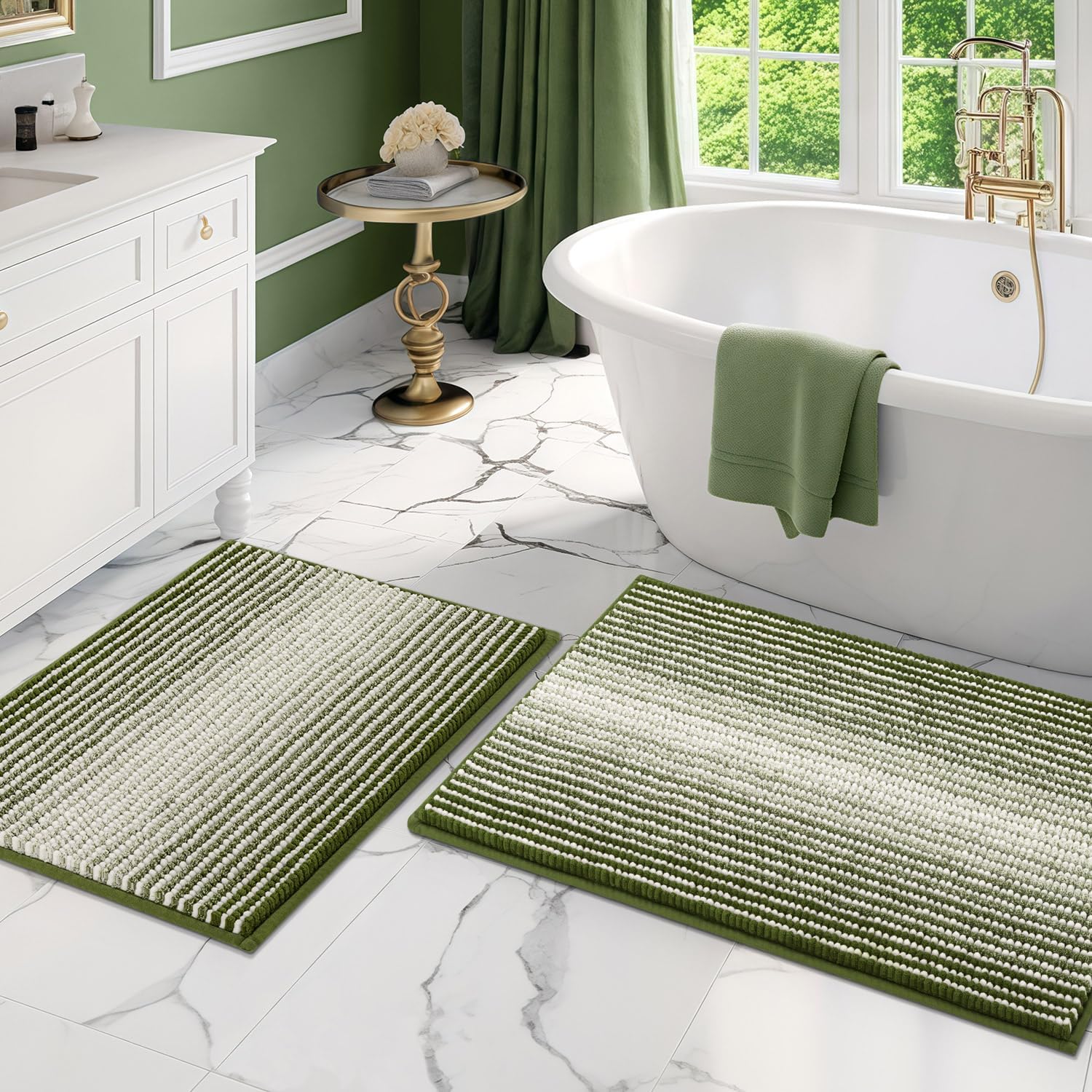 Gradient Sage White Chenille Bath Mat Set - Ultra Soft & Non-Slip