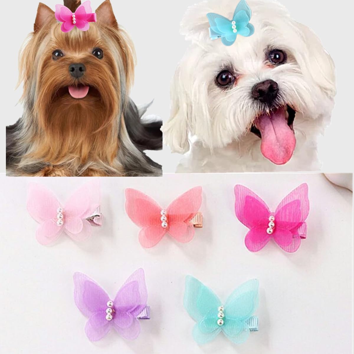 Chiffon Butterfly Dog Hair Clips with Pearl Accents - Set of 5