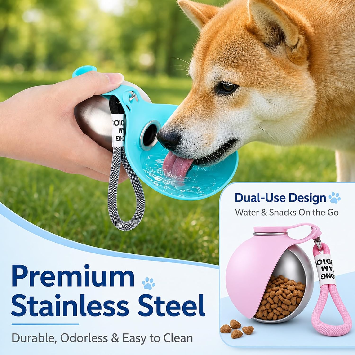 Portable Pink Stainless Steel Pet Water & Snack Bottle - Hình 2