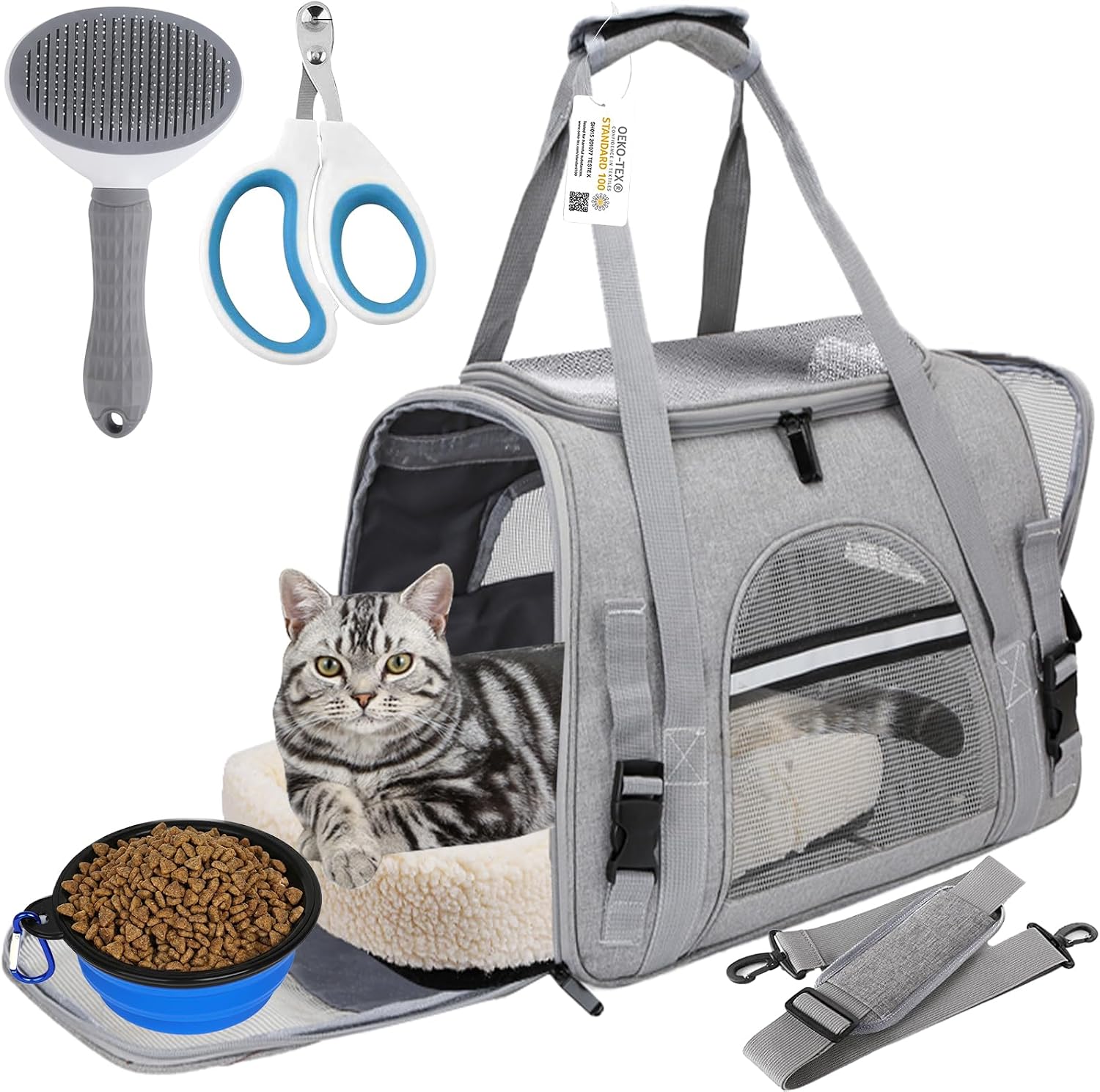 Premium Soft-Sided Pet Carrier with Grooming Kit & Bowl - Gray