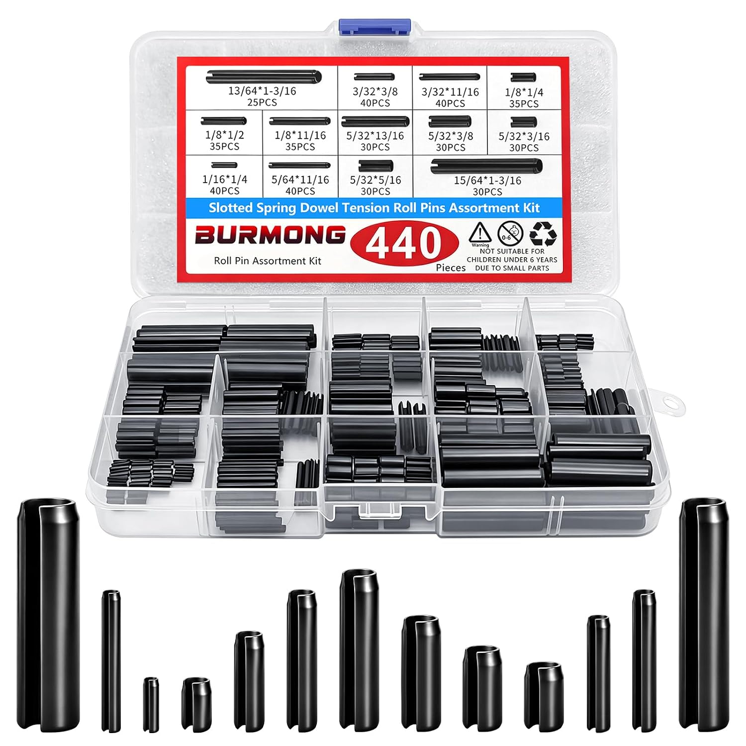 440Pcs Roll Pin Assortment Kit, Slotted Spring Pins, Steel Split Expansion Pin, 13 Sizes 13/64 3/32 1/8 5/32 1/16 5/64 5/32 15/64 Inch for Home Improvement, Automotive Repair,Machinery