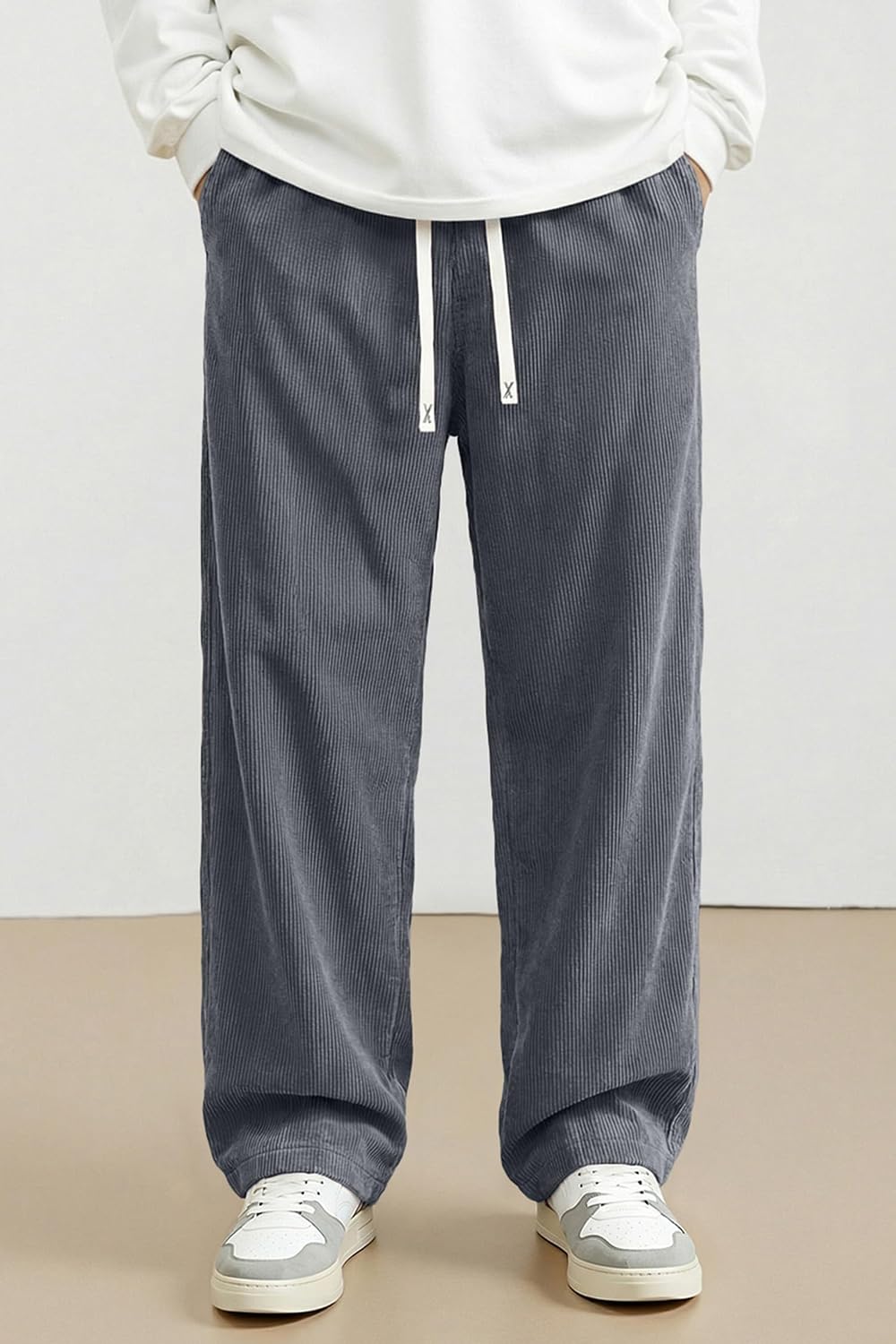 Loose Fit Grey Corduroy Drawstring Pants - Hình 2