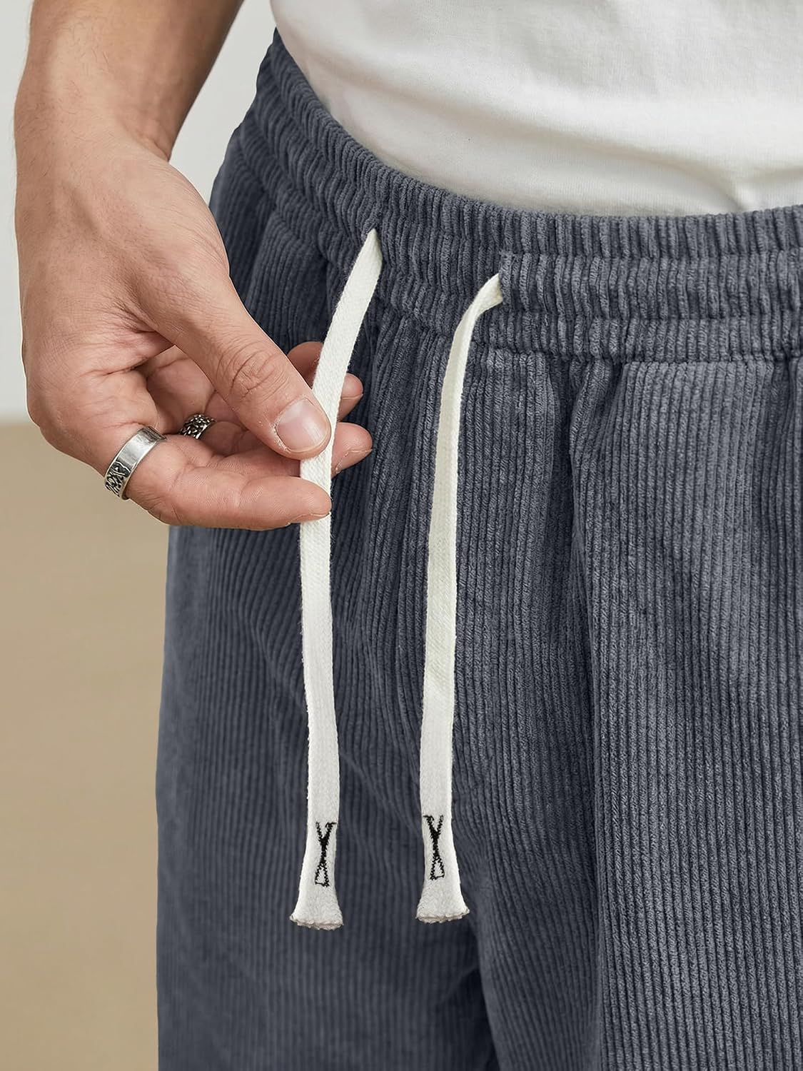 Loose Fit Grey Corduroy Drawstring Pants - Hình 4