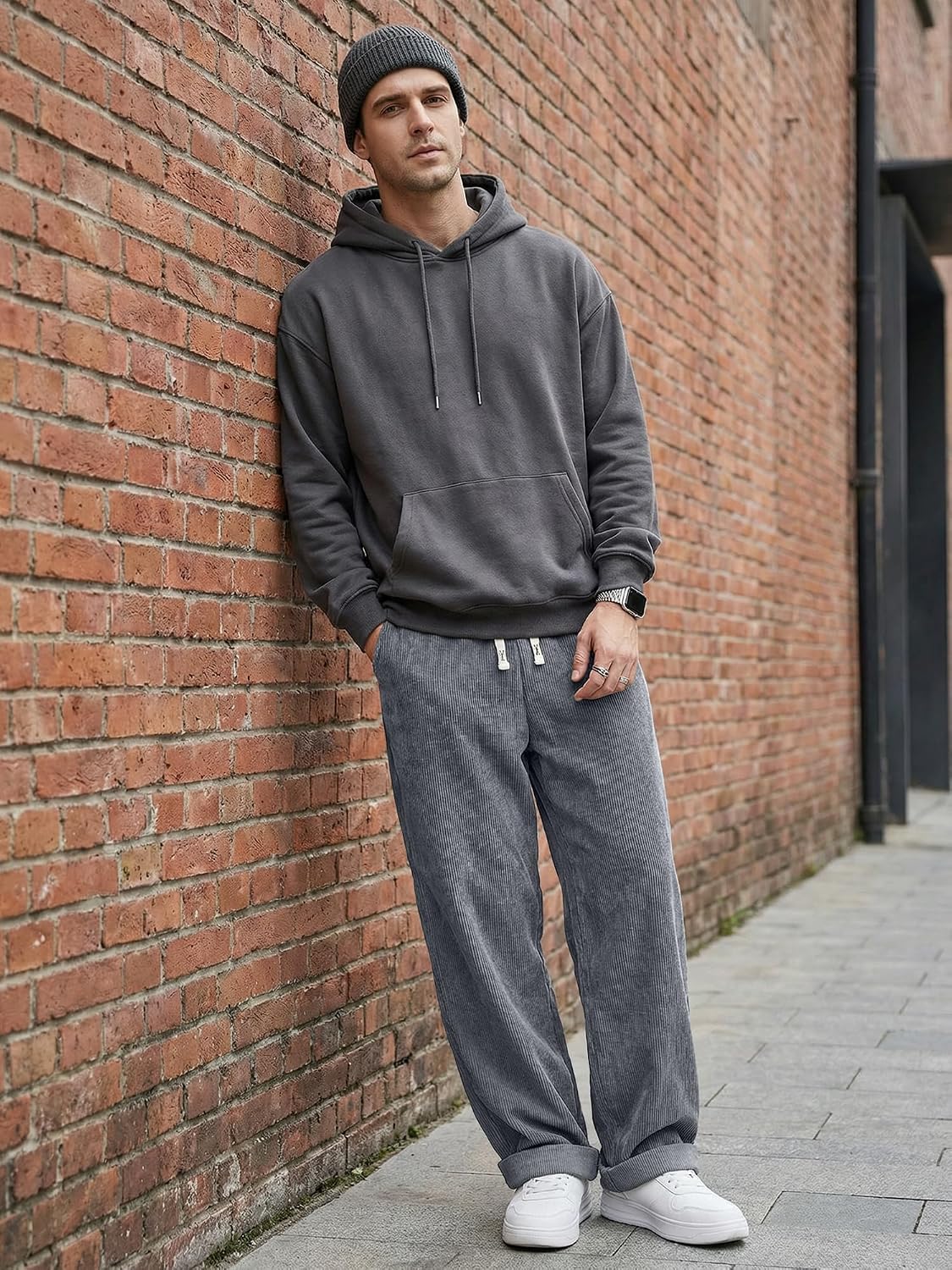 Loose Fit Grey Corduroy Drawstring Pants - Hình 7