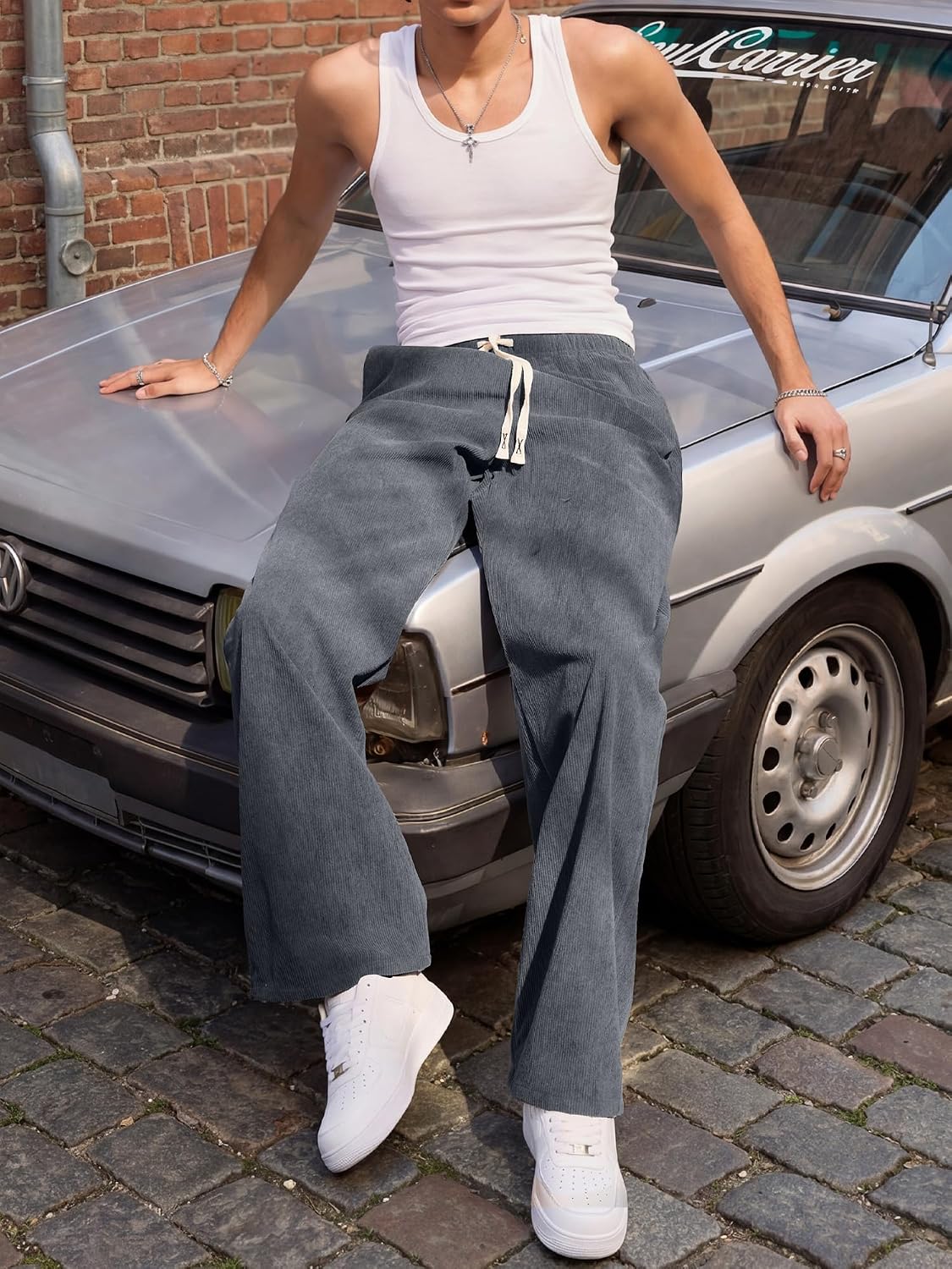Loose Fit Grey Corduroy Drawstring Pants - Hình 5