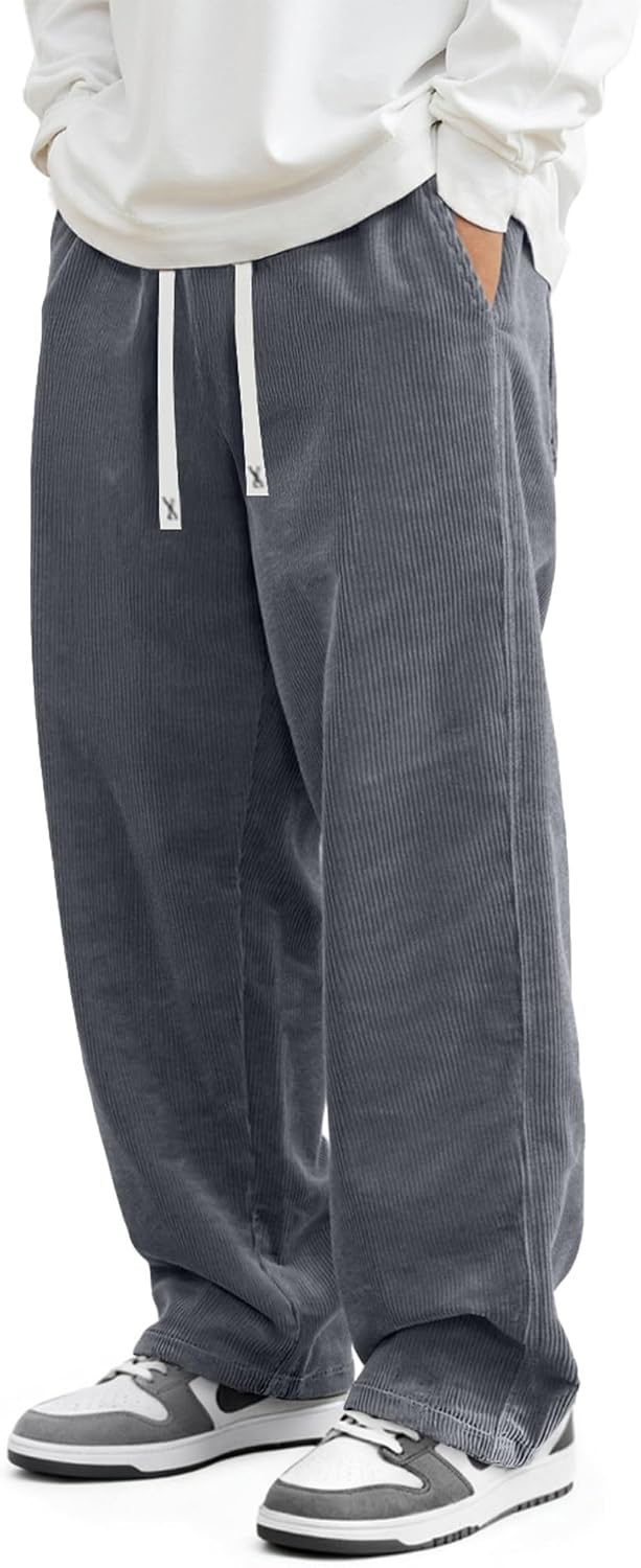 Loose Fit Grey Corduroy Drawstring Pants for Comfort