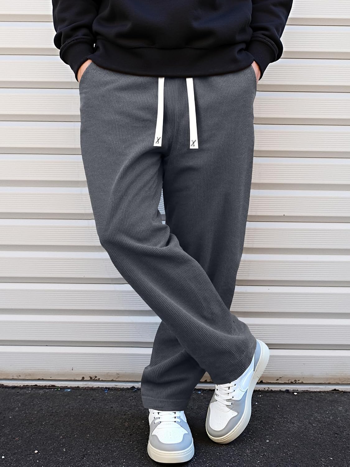 Loose Fit Grey Corduroy Drawstring Pants - Hình 8