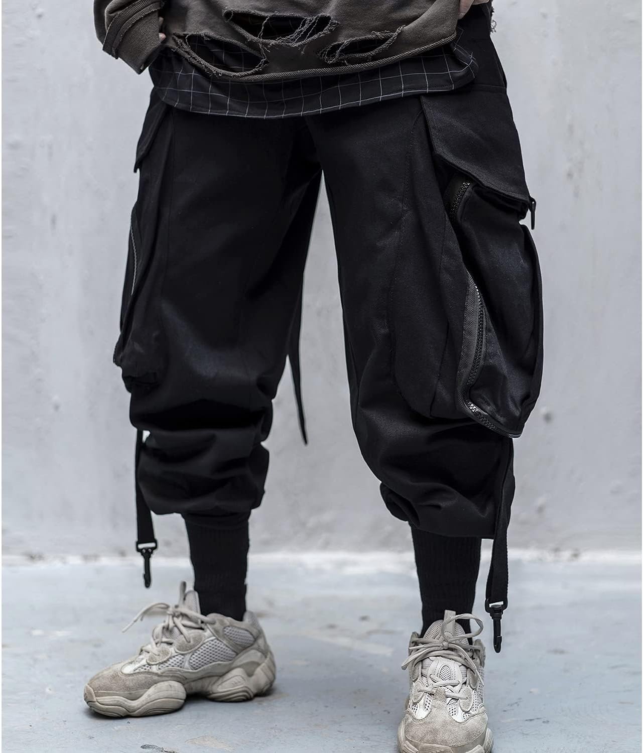 Men's Black Techwear Cargo Pants with Japanese Kanji Print - Hình 2