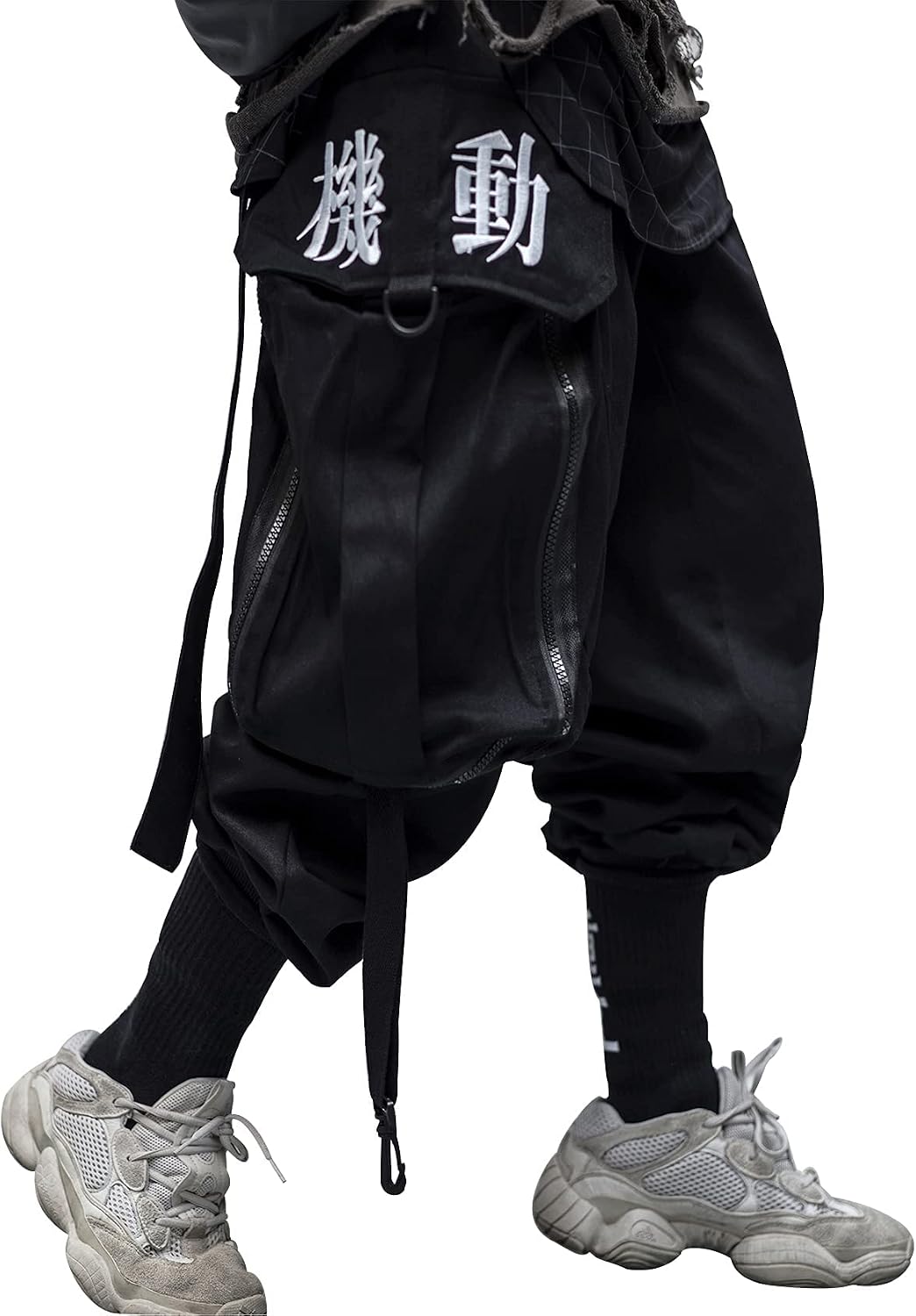 Men's Black Techwear Cargo Pants with Japanese Kanji Print