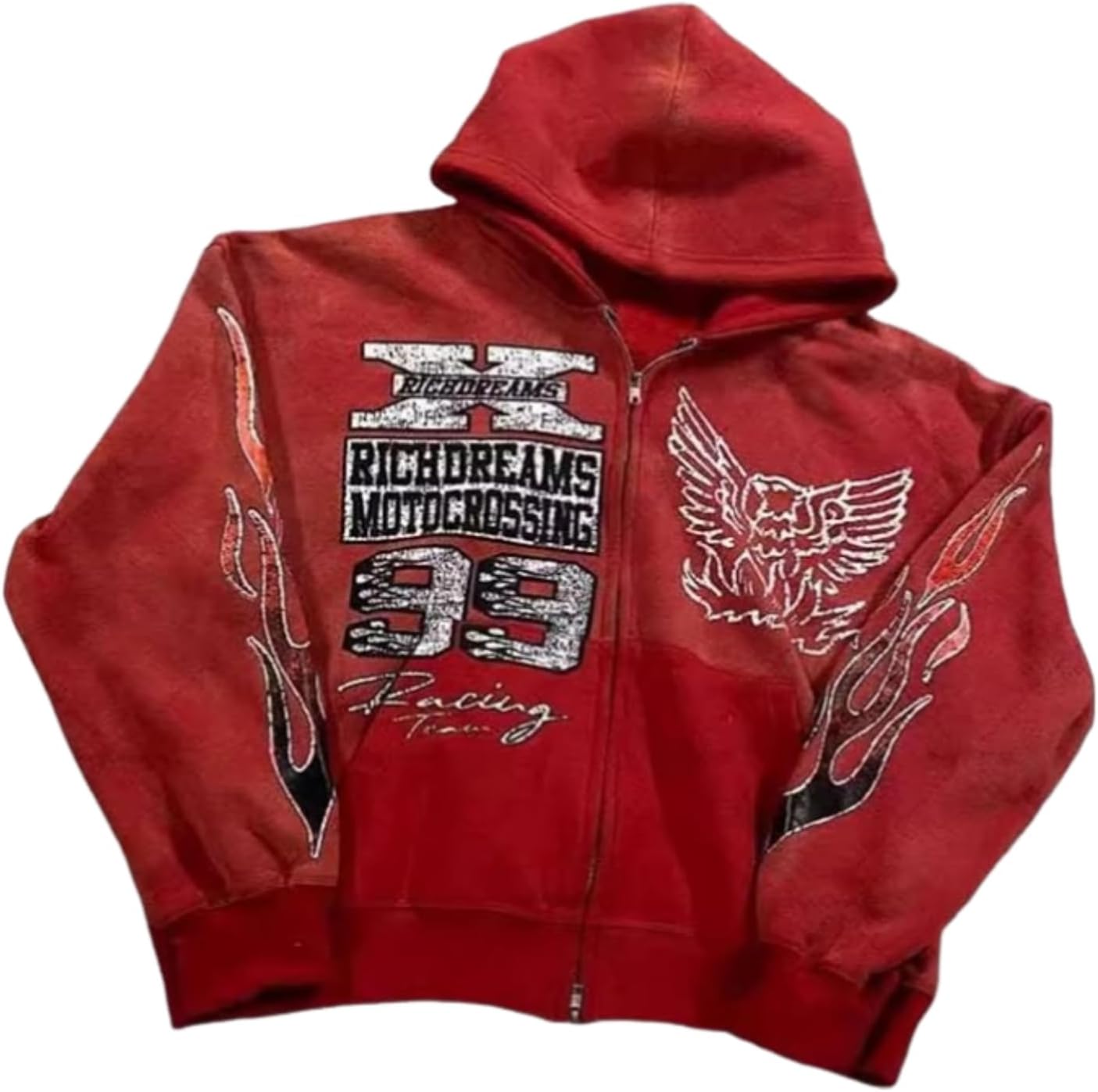Vintage Washed Red Motocross Zip-Up Hoodie
