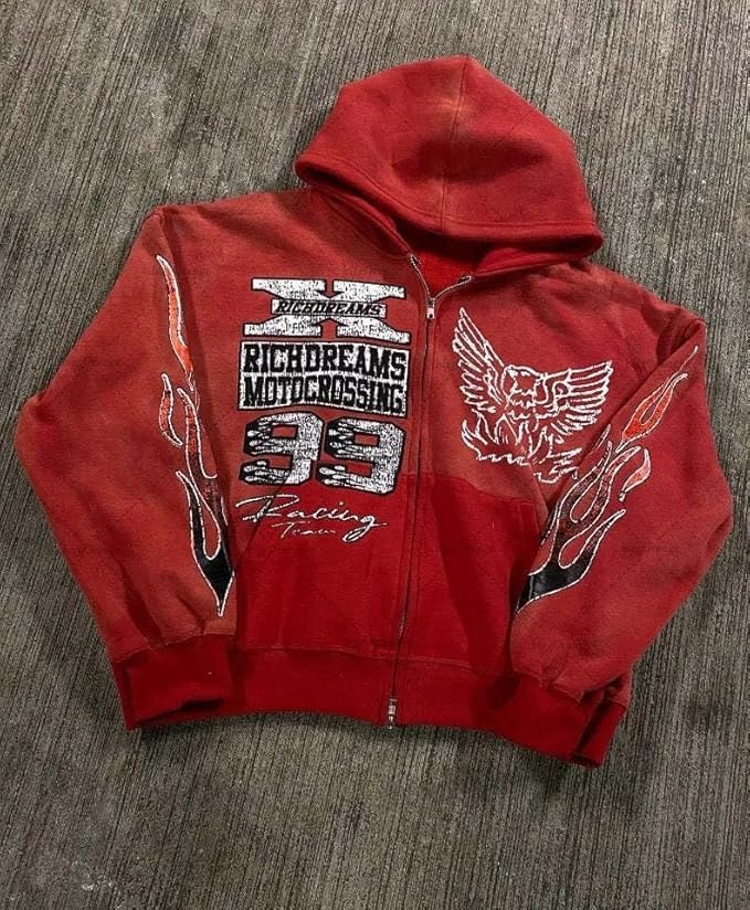 Vintage Washed Red Motocross Zip-Up Hoodie - Hình 3