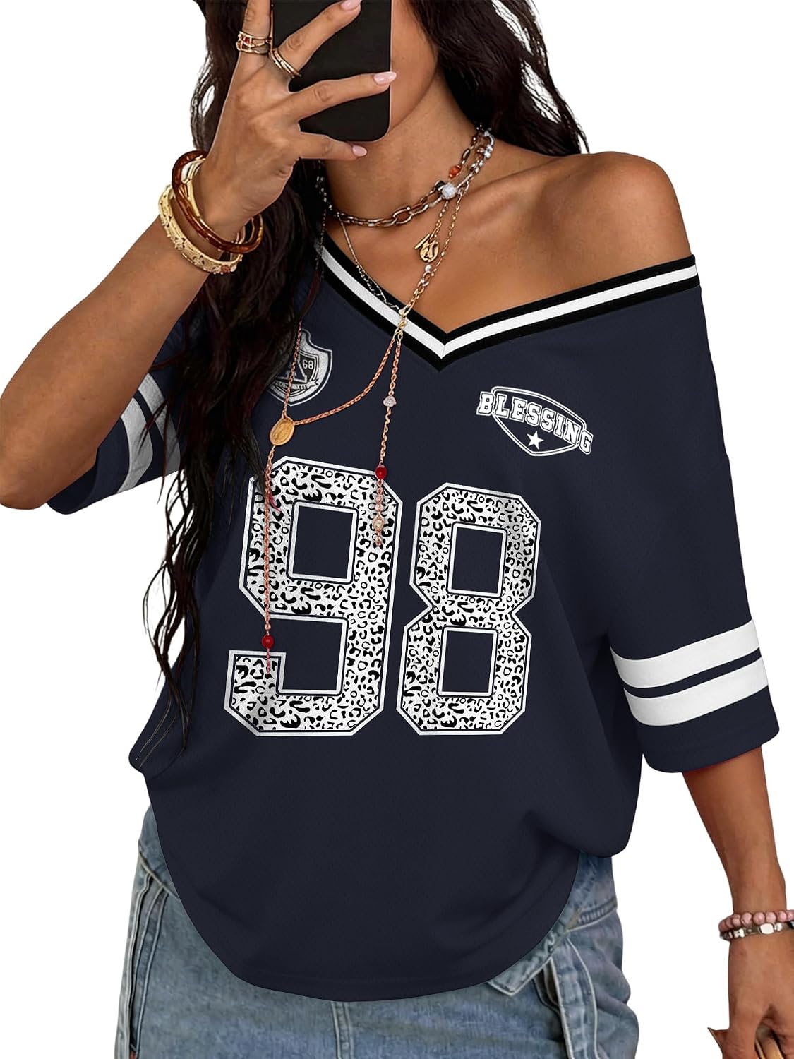 Oversized Leopard Print Football Jersey Tee - Women's Oversized V-Neck