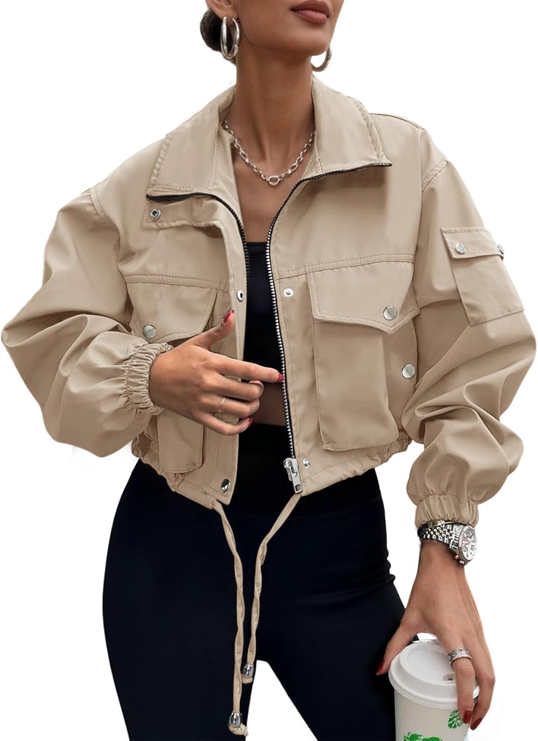 Chic Beige Cropped Utility Bomber Jacket for Women