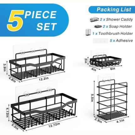 Black Adhesive Shower Caddy Set – 5-Piece Bathroom Organizer — view 2