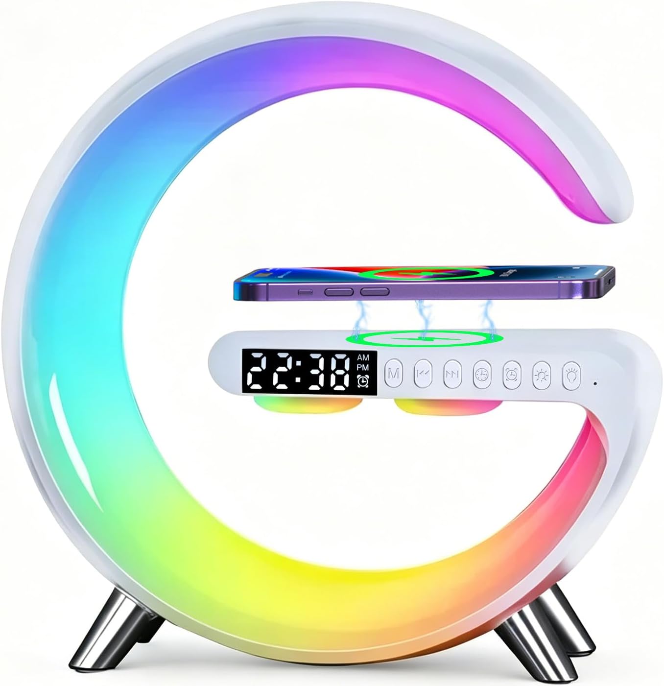 4 In 1 Smart LED Table Lamp, Alarm Clock, Bluetooth Speaker, Wireless Charger, App Control Night Light Bedside Lamp with Fast Charging Station for Bedroom, Home Decor, Family, Teen Girls Boys Gifts