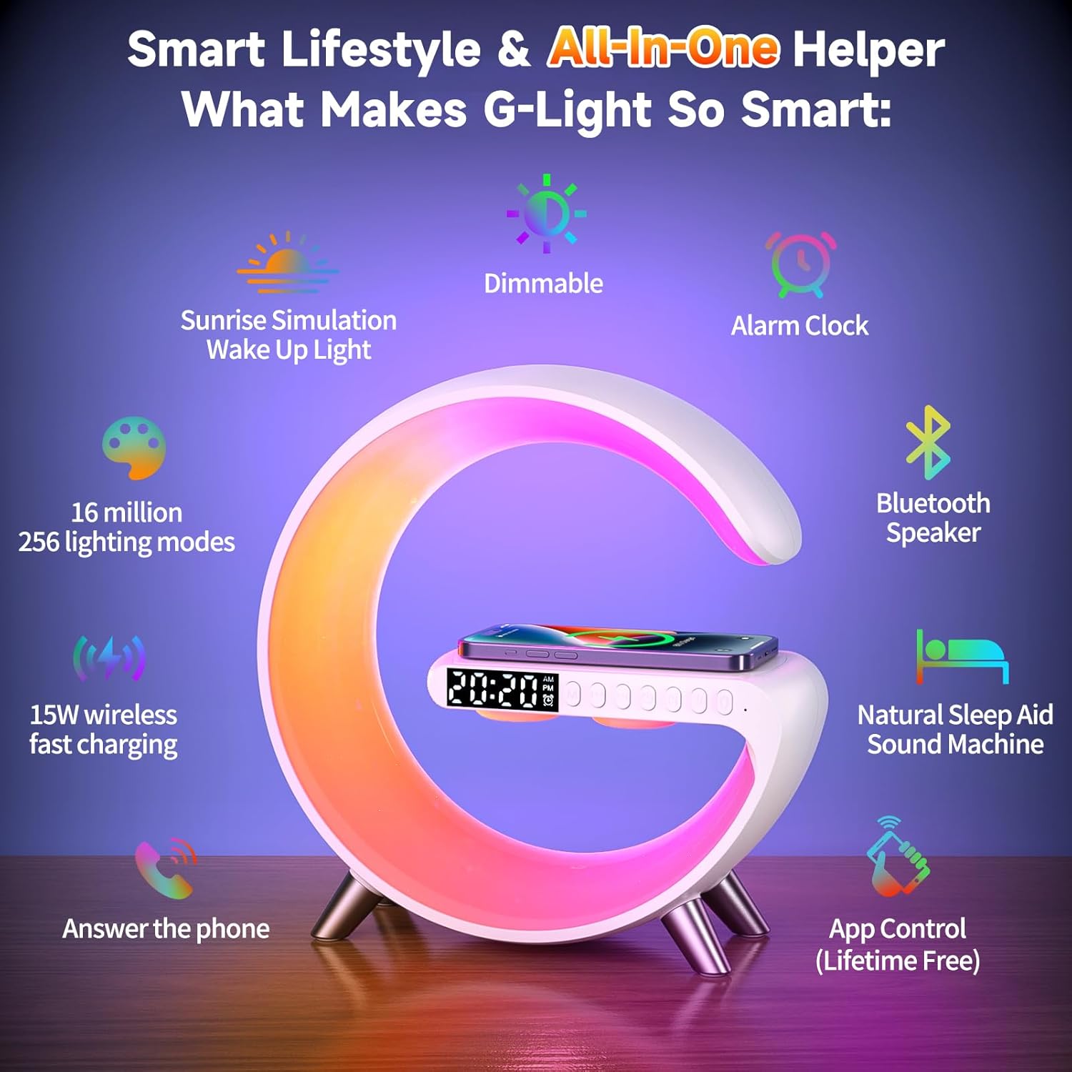 4 In 1 Smart LED Table Lamp, Alarm Clock, Bluetooth Speaker, Wireless Charger, App