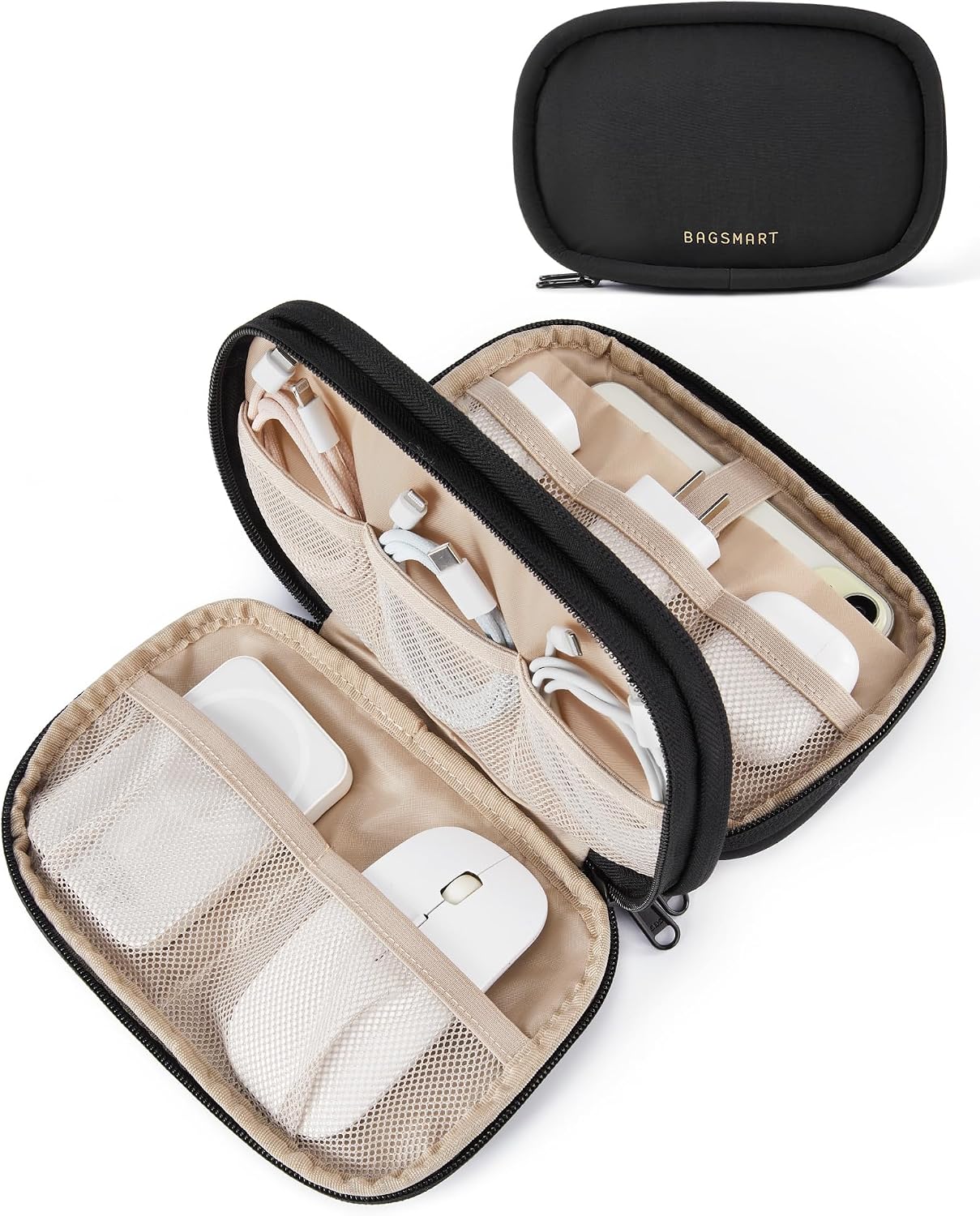 BAGSMART Electronics Organizer Travel Case for Cords Chargers Phones, Beige | Puffy Padded, Travel