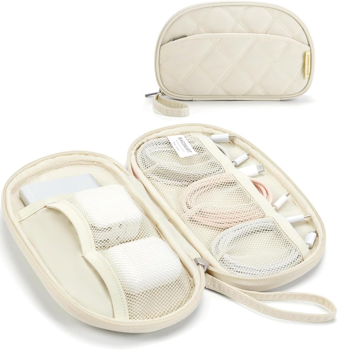 BAGSMART Electronics Organizer Travel Case for Cords Chargers Phones, Beige | Puffy Padded, Travel
