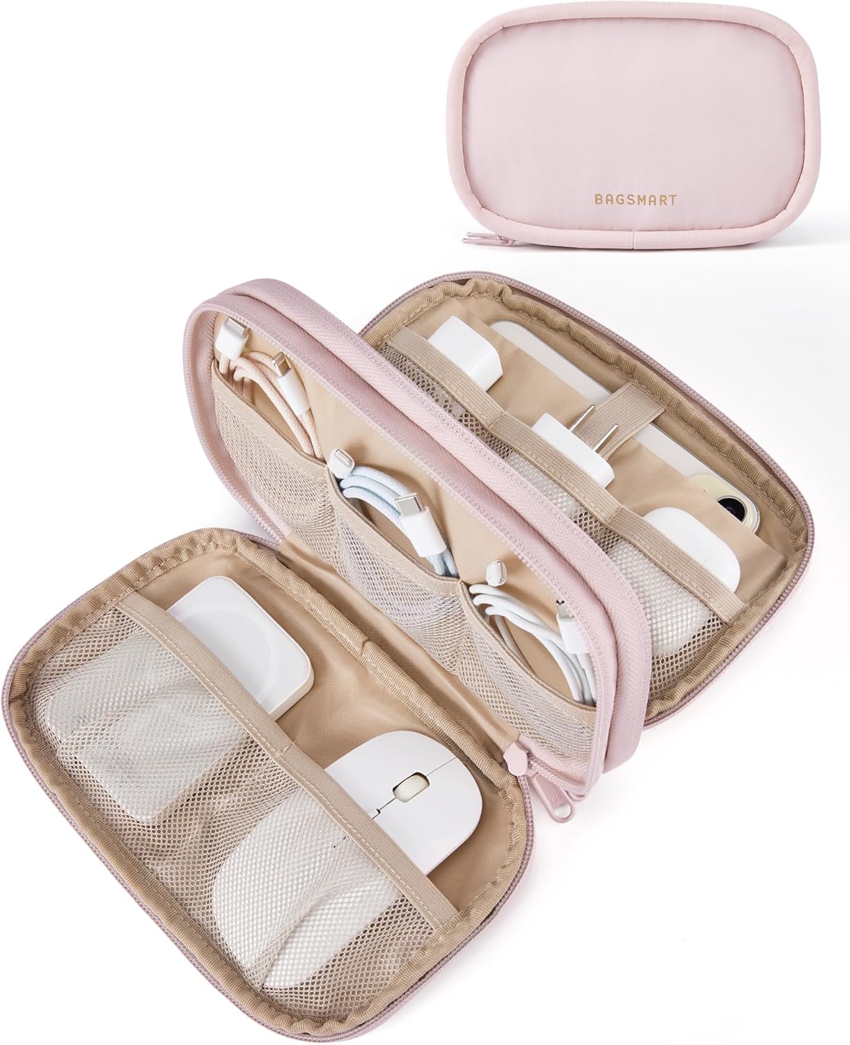 BAGSMART Electronics Organizer Travel Case for Cords Chargers Phones, Beige | Puffy Padded, Travel