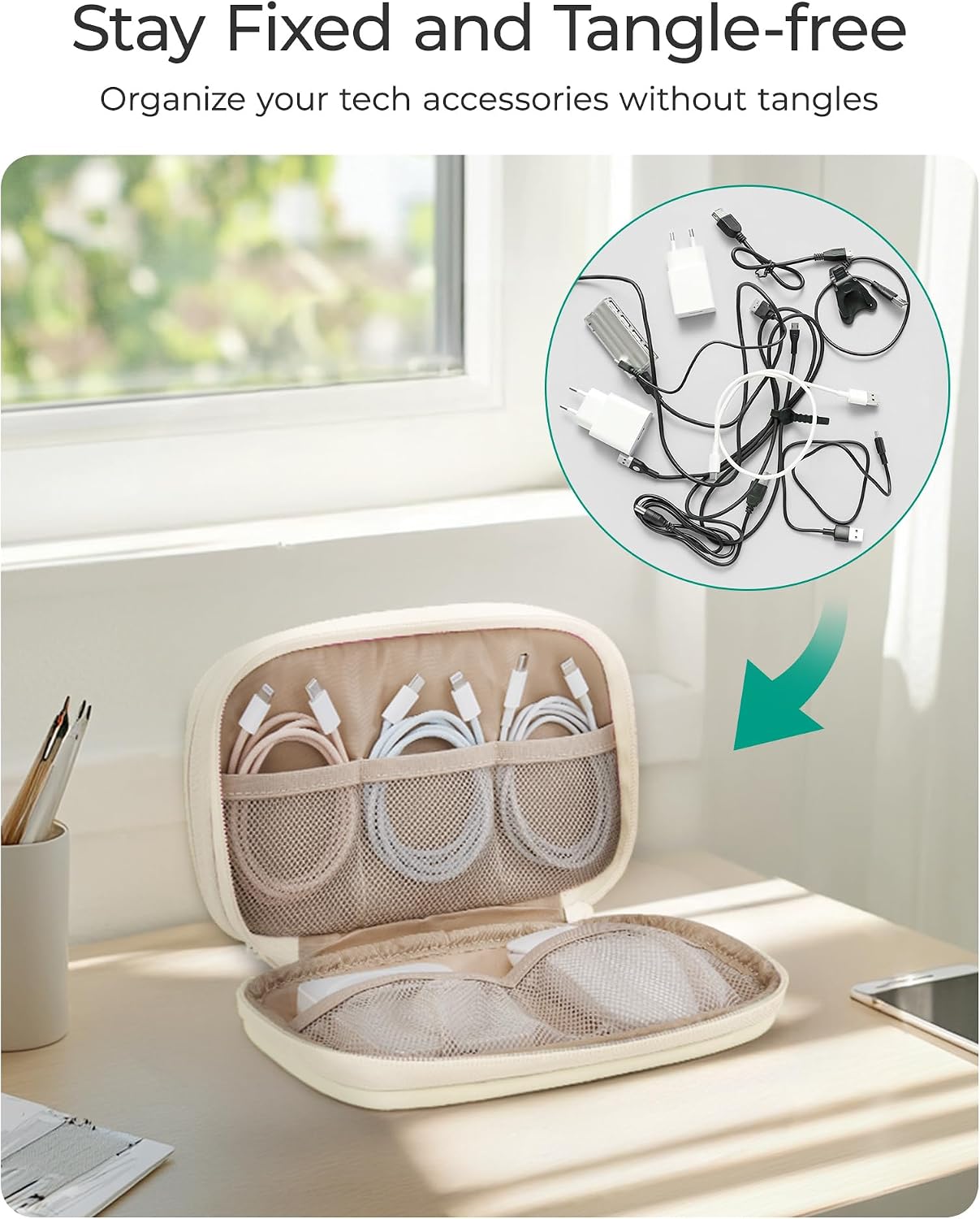 BAGSMART Electronics Organizer Travel Case for Cords Chargers Phones, Beige | Puffy Padded, Travel