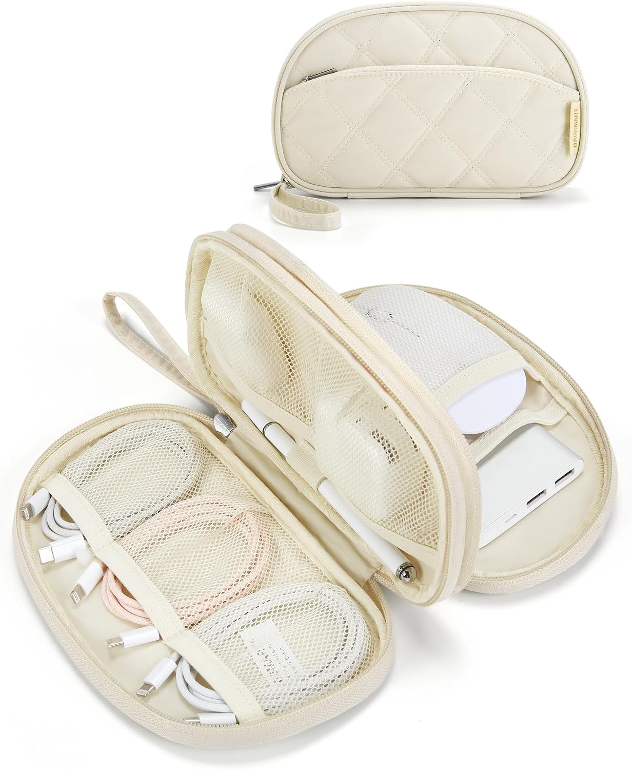 BAGSMART Electronics Organizer Travel Case for Cords Chargers Phones, Beige | Puffy Padded, Travel