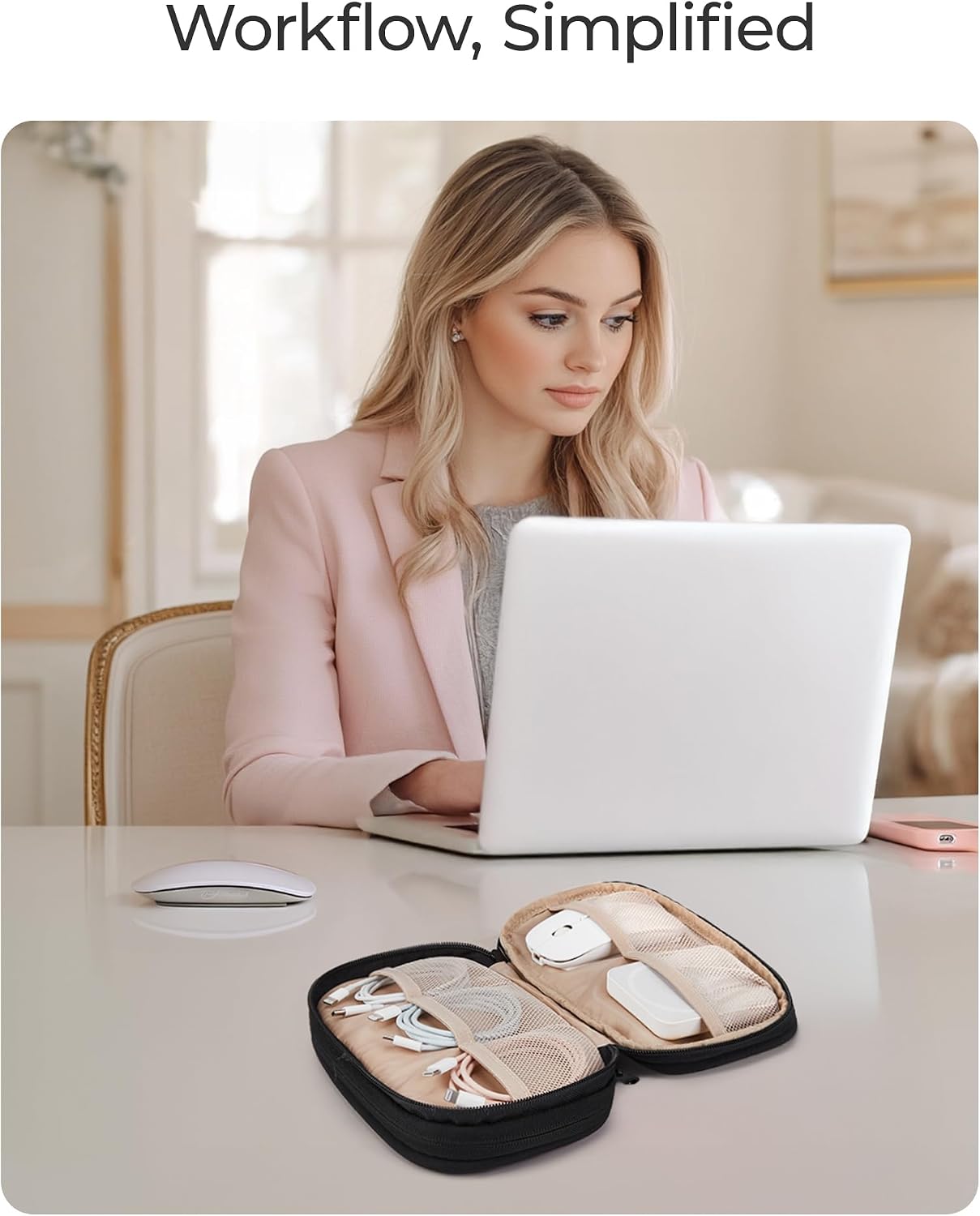 BAGSMART Electronics Organizer Travel Case for Cords Chargers Phones, Beige | Puffy Padded, Travel