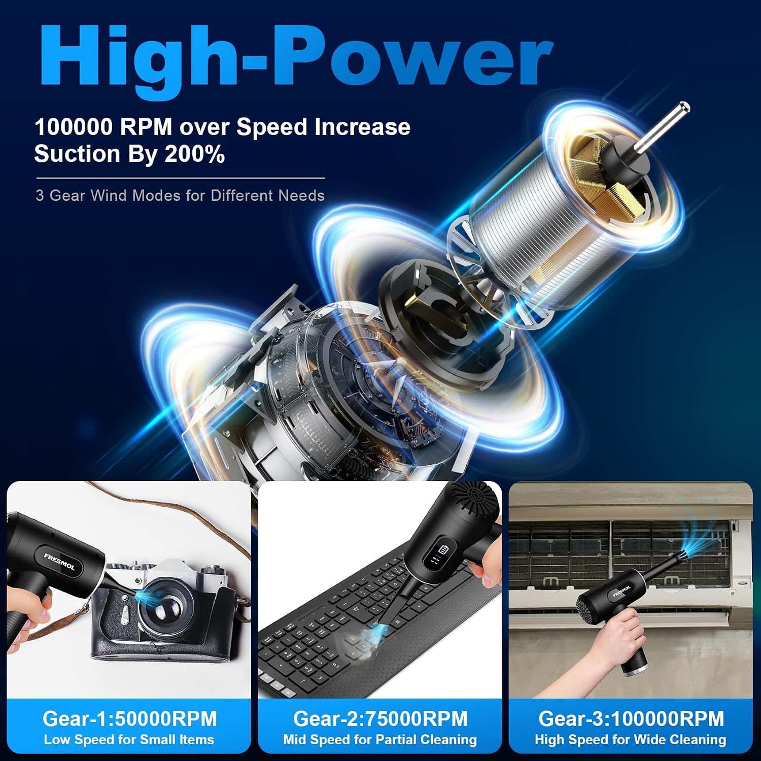 FRESMOL Compressed Air Duster, Rechargeable Cordless Electric Air Blower | 3-Gear Adjustable, 100000RPM, Smart