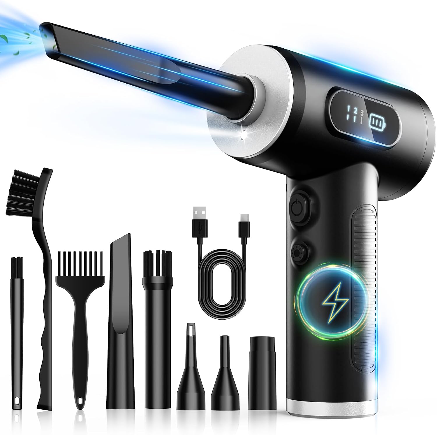 FRESMOL Compressed Air Duster, Rechargeable Cordless Electric Air Blower | 3-Gear Adjustable, 100000RPM, Smart LED Display, LED Light, Keyboard, PC, Car, Home Cleaning, Replaces Canned Air, Black