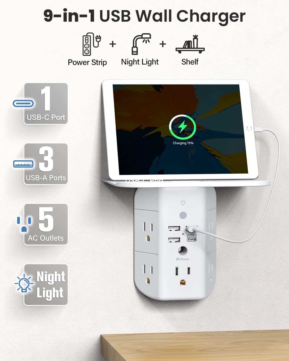 Mifaso Outlet Extender with Shelf and Night Light, 1800J Surge Protector | 5 Wide