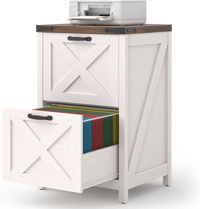 Rustic White 2-Drawer Filing Cabinet with Dark Wood Top