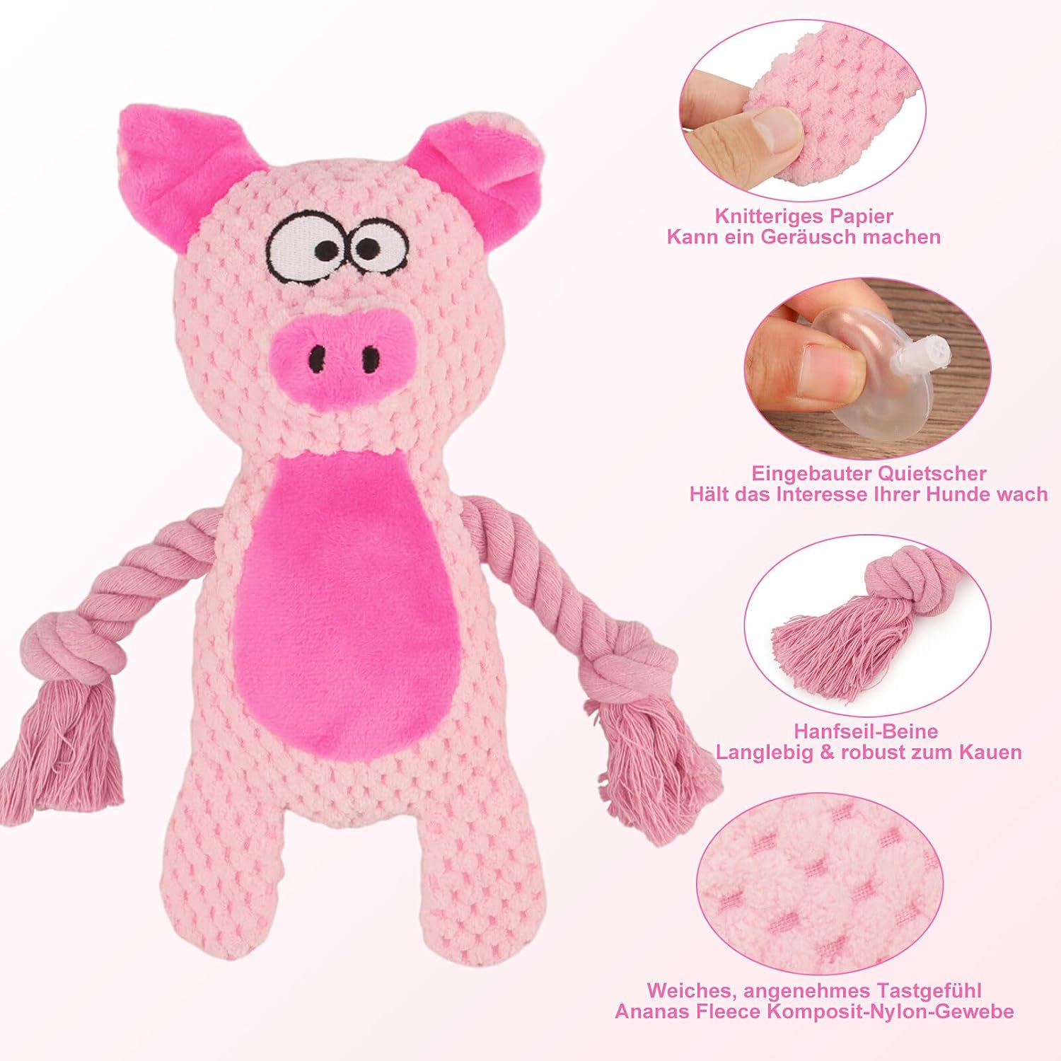 Durable Pink Pig Dog Chew Toy with Squeaker & Rope Legs — image 2