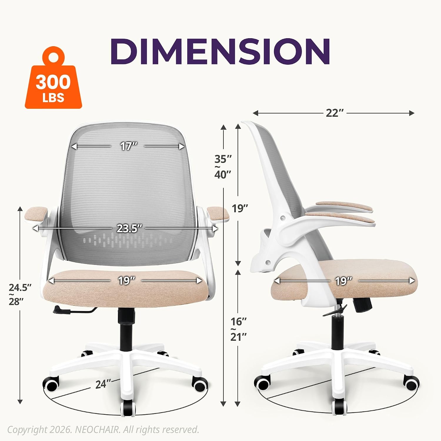NEO CHAIR Office Desk Chair, Ergonomic Mesh with Flip-Up Armrests, Beige — view 2