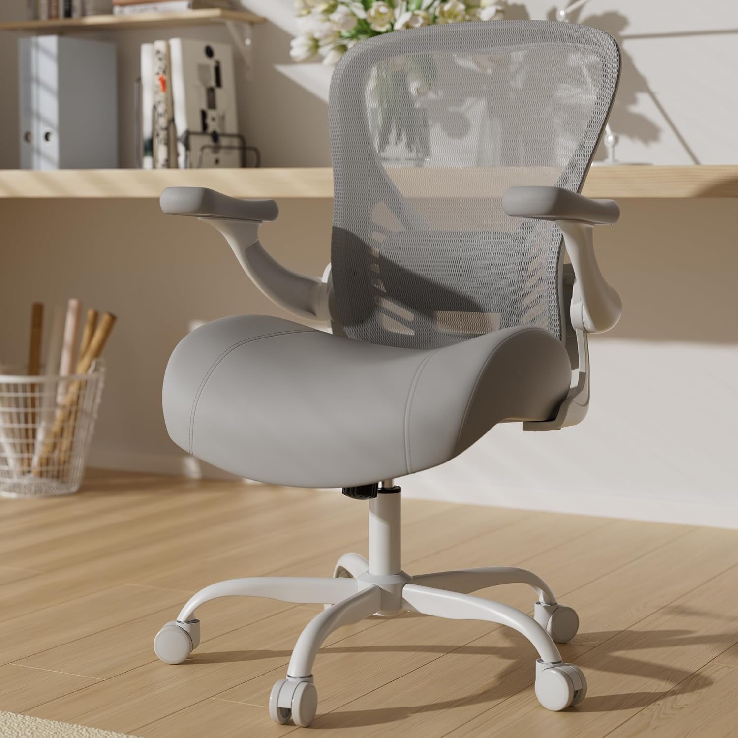 GYI Ergonomic Office Chair with Memory Foam Cushion, Computer Desk Chair | 4.7" Thickened Seat , 3D Flip-up Arms, Adjustable Lumbar Support, 350 lbs Capacity, Grey