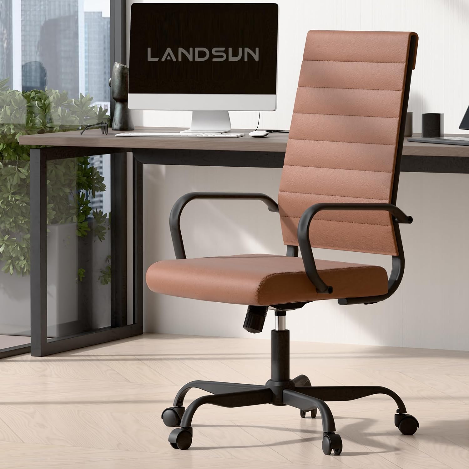 LANDSUN Home Office Chair High Back Executive Chair Ribbed Leather Computer Desk Chair with Armrests Soft Pad Adjustable Height Swivel Conference Brown Black