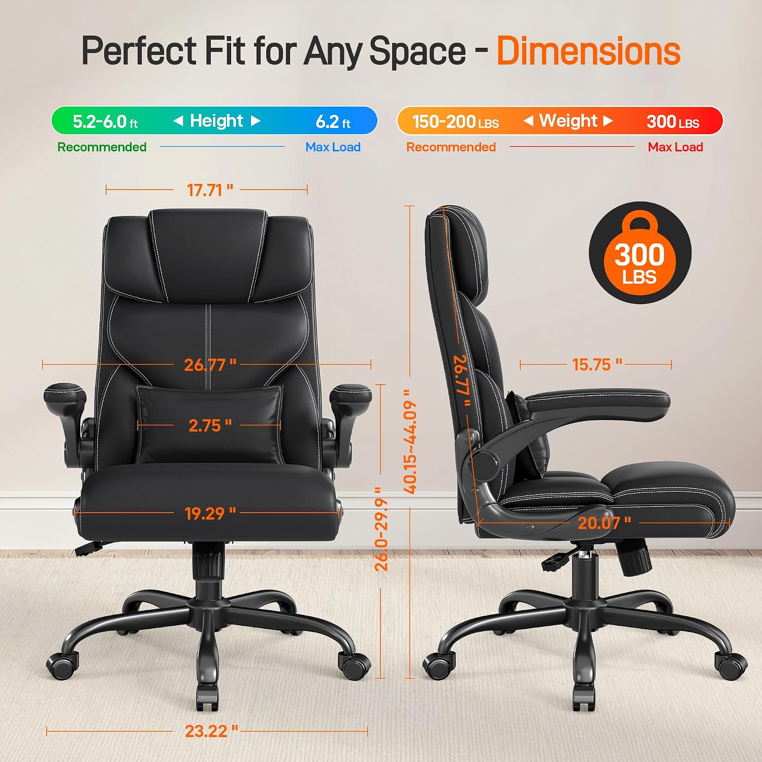 Office Chair, Executive Mid-Back Computer Desk Chair with Flip-up Armrests | 300 Lbs Ergonomic