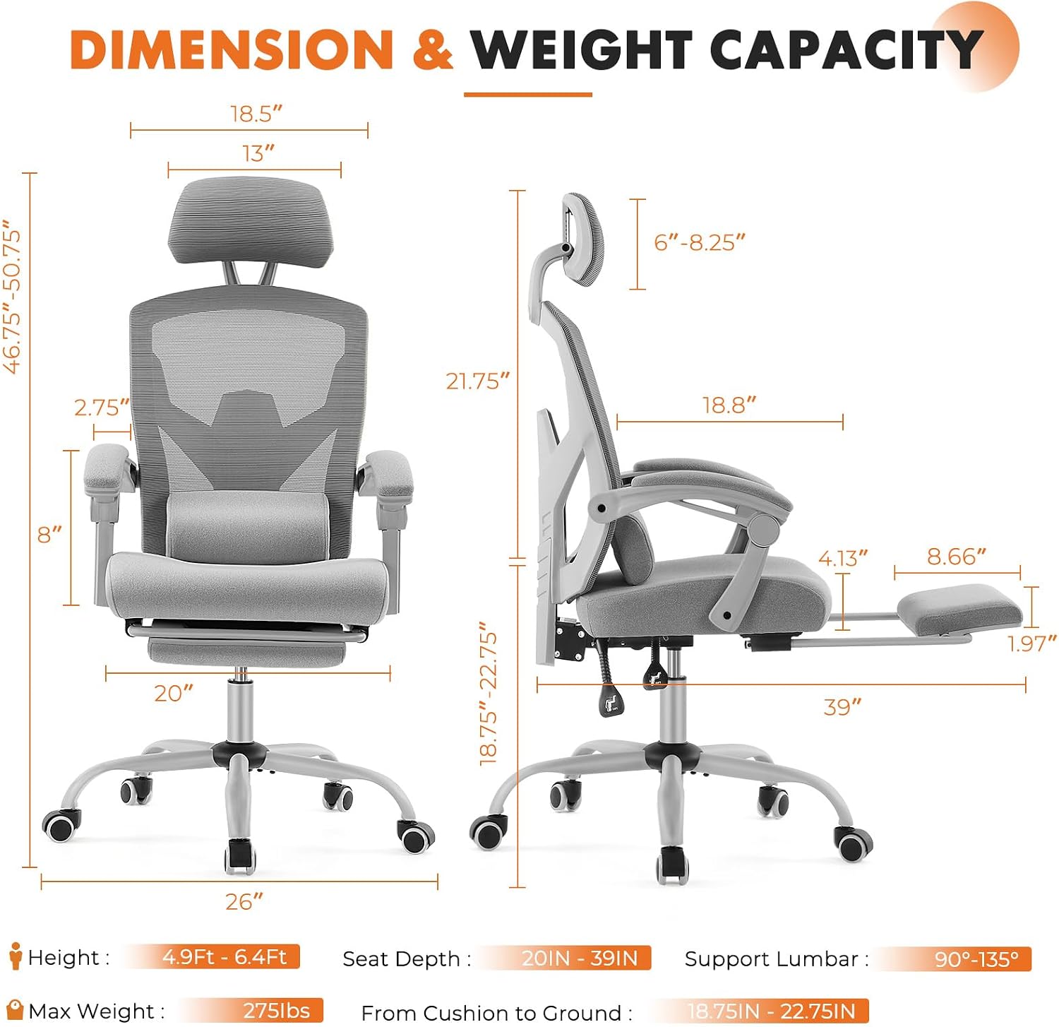 Sweetcrispy Ergonomic Office Chair, Computer Desk Chair with Lumbar Support | Adjustable Footrest, High-Back