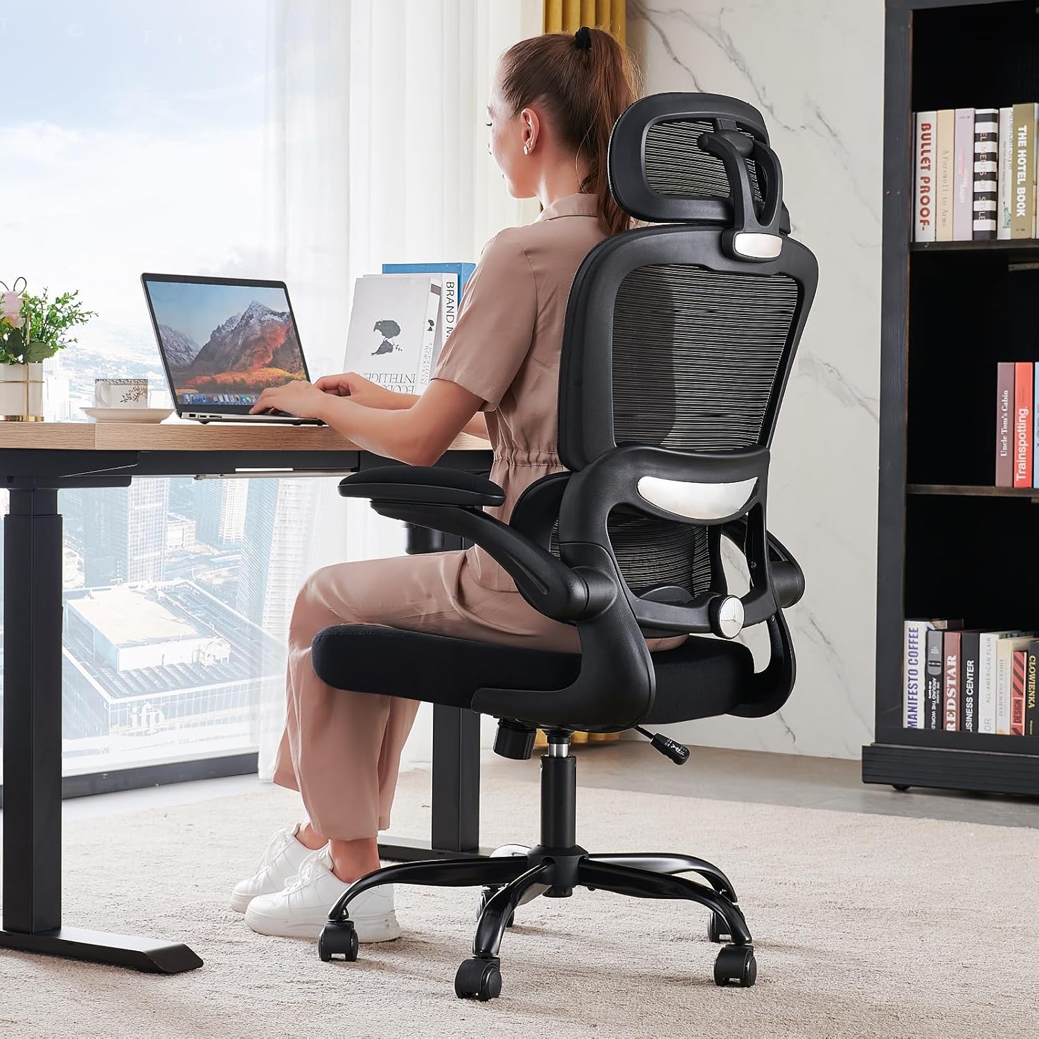 TRALT Office Chair Ergonomic Desk Chair - Gaming Chair with Lumbar Support | 330 LBS Home Office Desk Chairs with Headrest, Reading Chair with Flip-up Armrests, Comfortable Computer Chairs (1, Black)